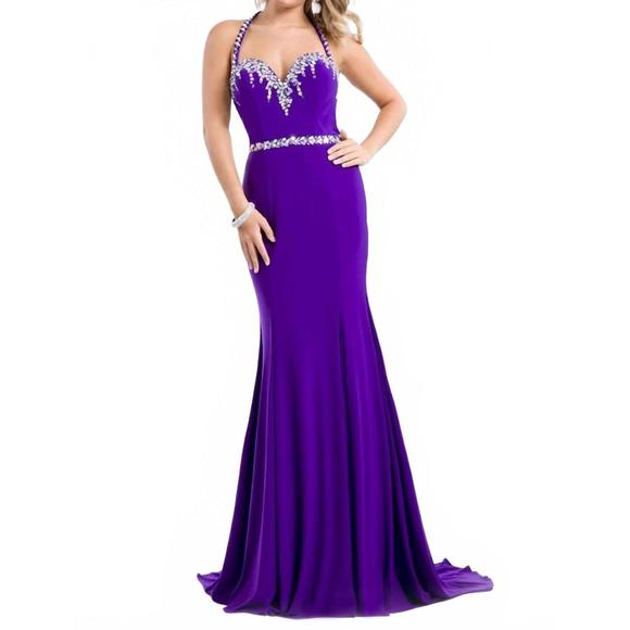 NEW RACHEL ALLAN embellished jersey gown with fringe detail in purple